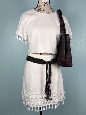 LuLus White Linen Blend Fringe Trime Two Piece Skirt Set Size Small
